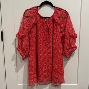 Beautiful Red/orange Floral Women's blouse with feminine ruffles. Size 2XL